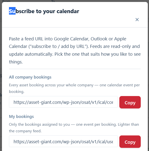 The iCal feeds dialog on the Calendar page, listing the available feeds with a description and a copy box under each.