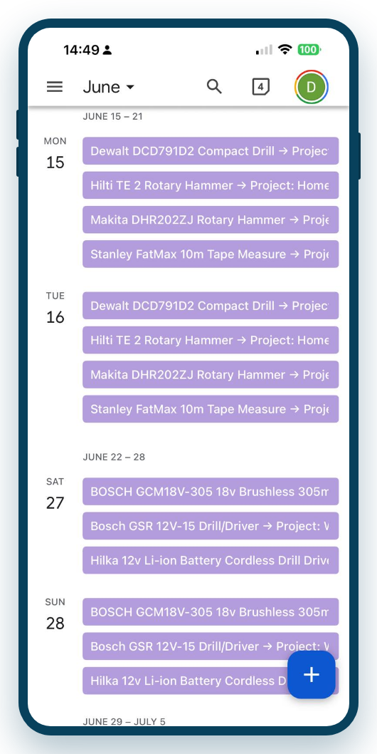 A phone calendar app showing Asset Giant bookings alongside the user's normal appointments, with a reminder notification. Use placeholder/sample data — never show a real feed token.