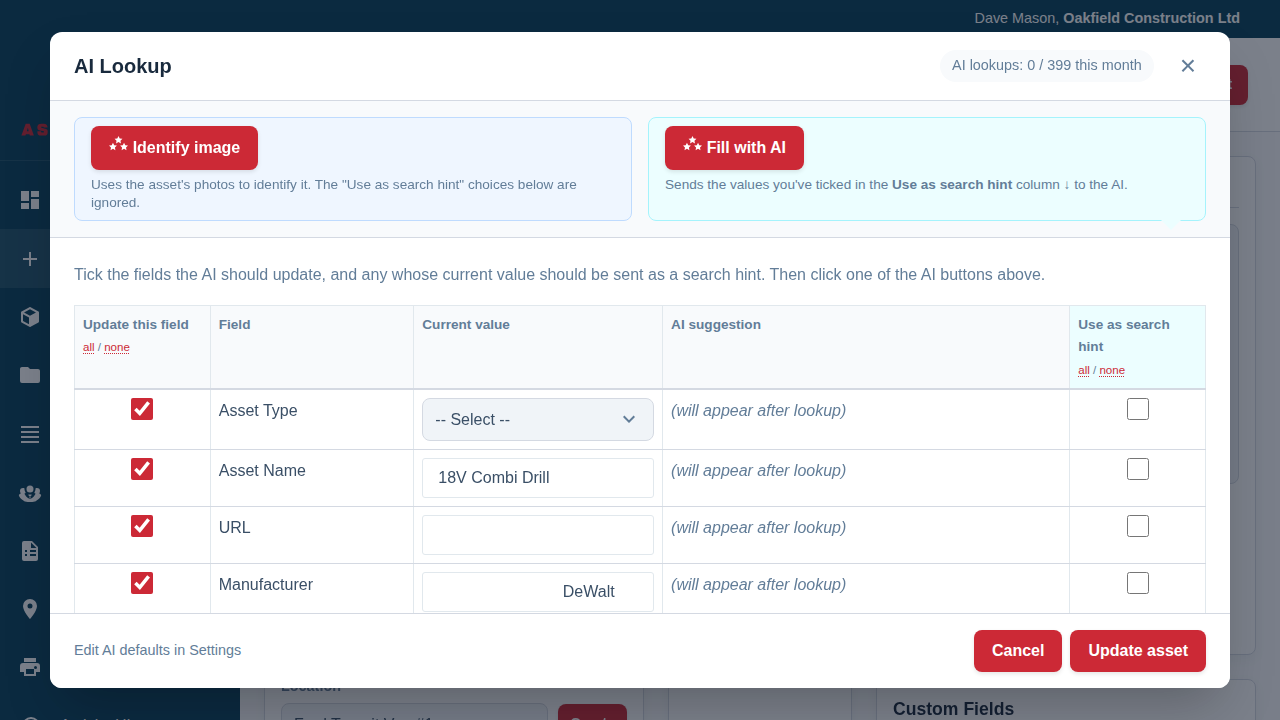The AI Lookup review window, showing the Identify image and Fill with AI buttons, and a table of fields with "Update this field" and "Use as search hint" tick-boxes.