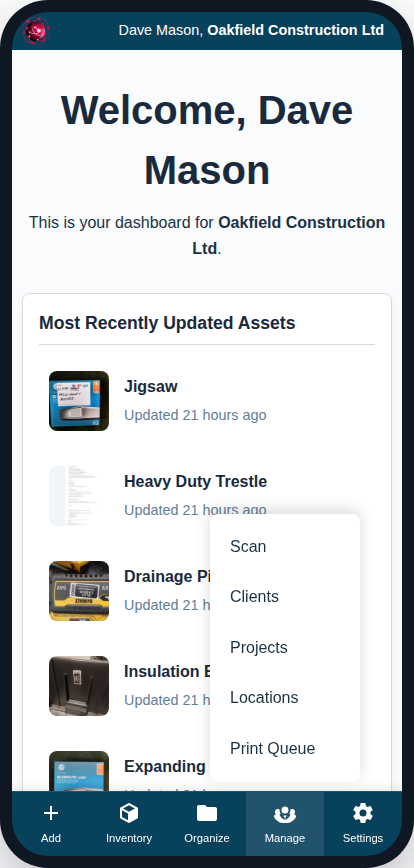 Screenshot showing the "Manage" popup menu open on mobile.