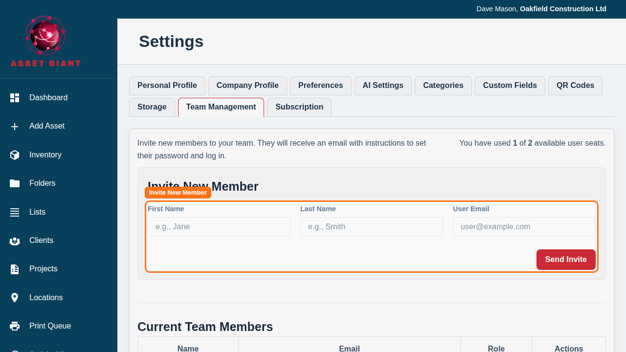 A screenshot of the 'Invite New Member' form on the Team Management settings page.