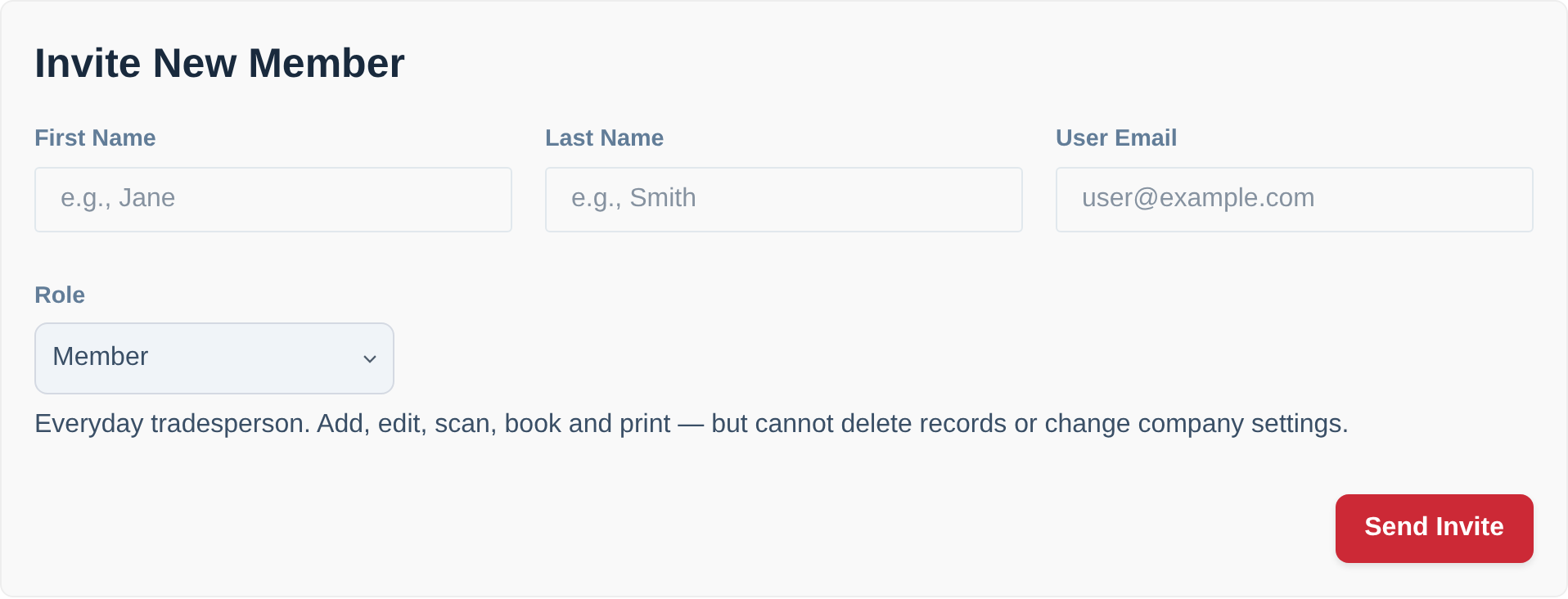 A screenshot of the 'Invite New Member' form on the Team Management settings page.