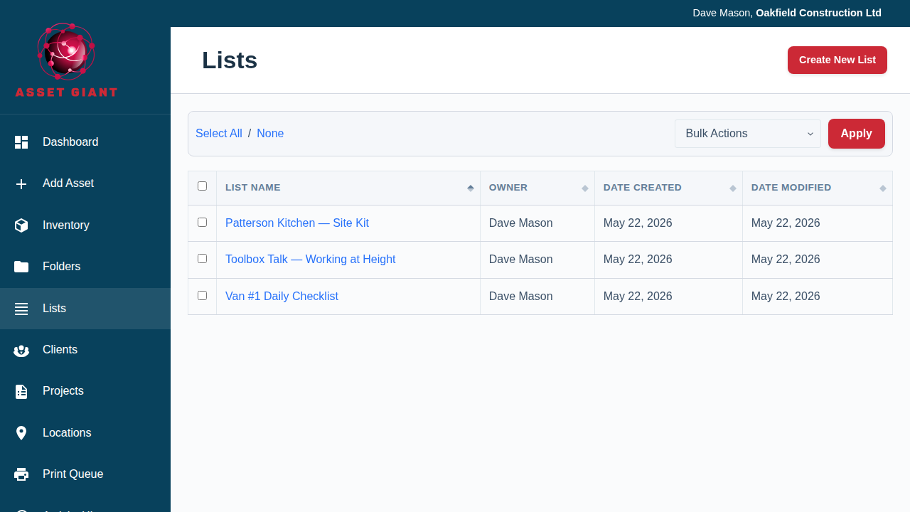 A screenshot of the Lists Viewer page showing a table of existing lists.