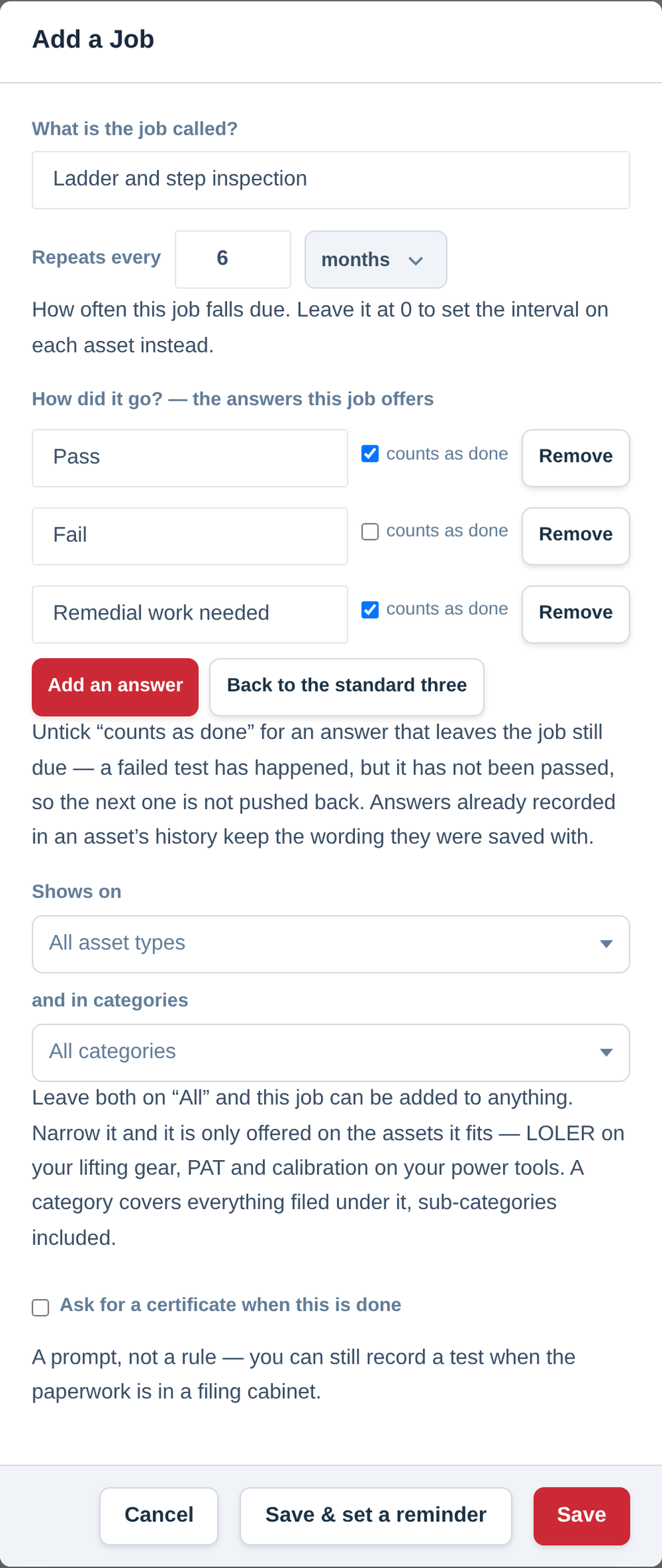 The Add a Job sheet in Settings then Maintenance, showing the job name, the repeats-every interval, the list of answers with their counts-as-done tick boxes, and the Shows on pickers