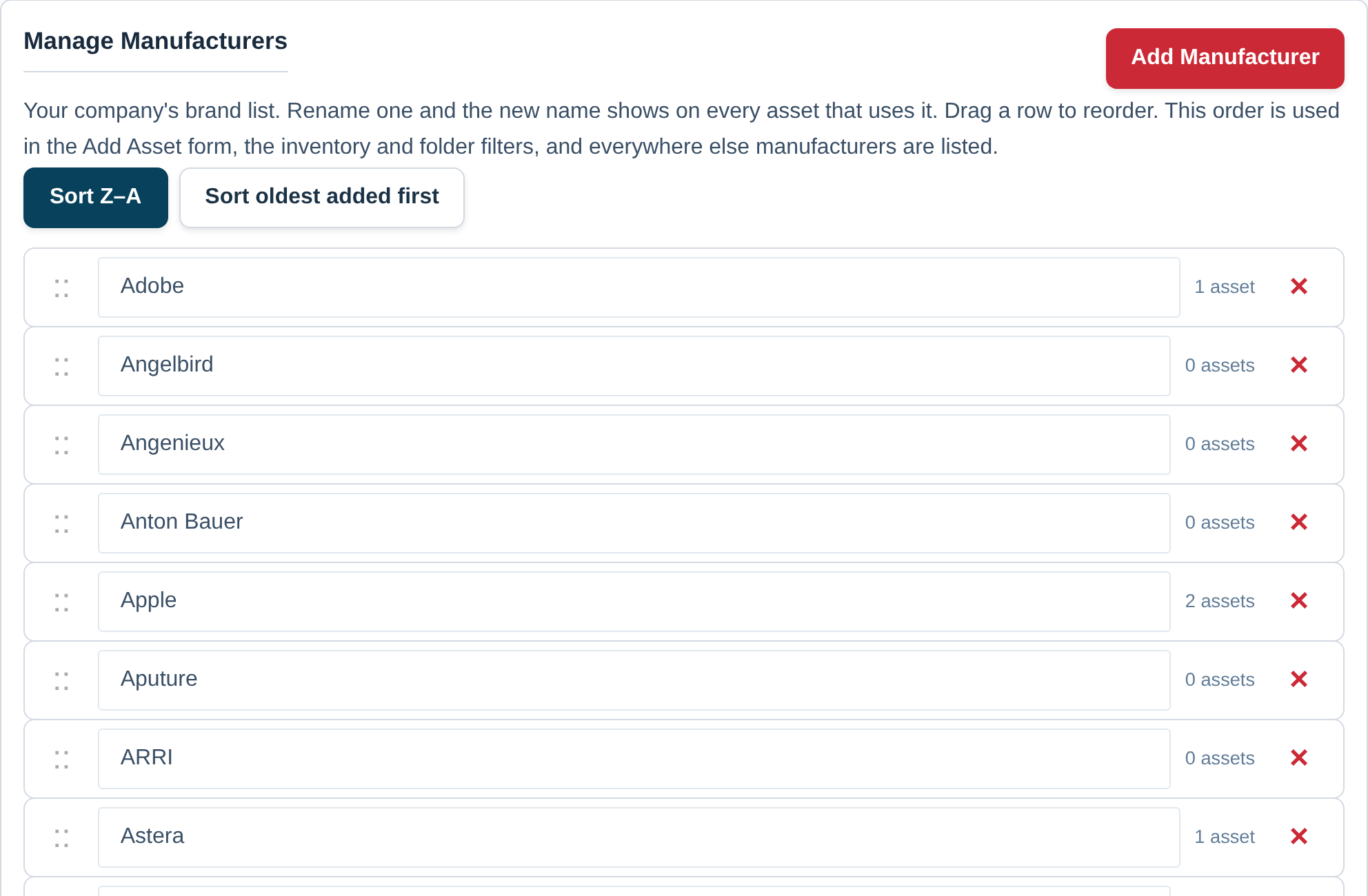 The Manufacturers tab in Settings, with the brand list, the asset count on each row and the two sort buttons above it