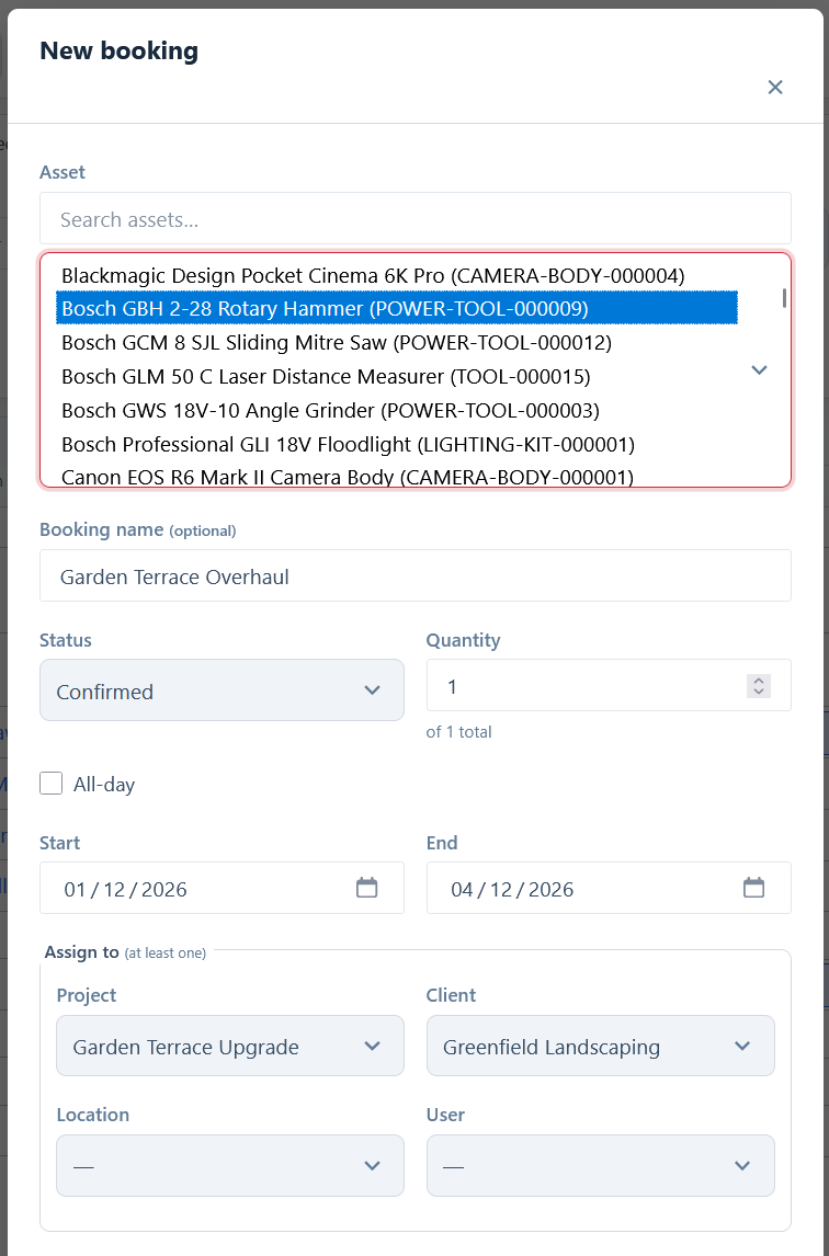 A booking modal open showing the asset, dates, status and the Assign to options.