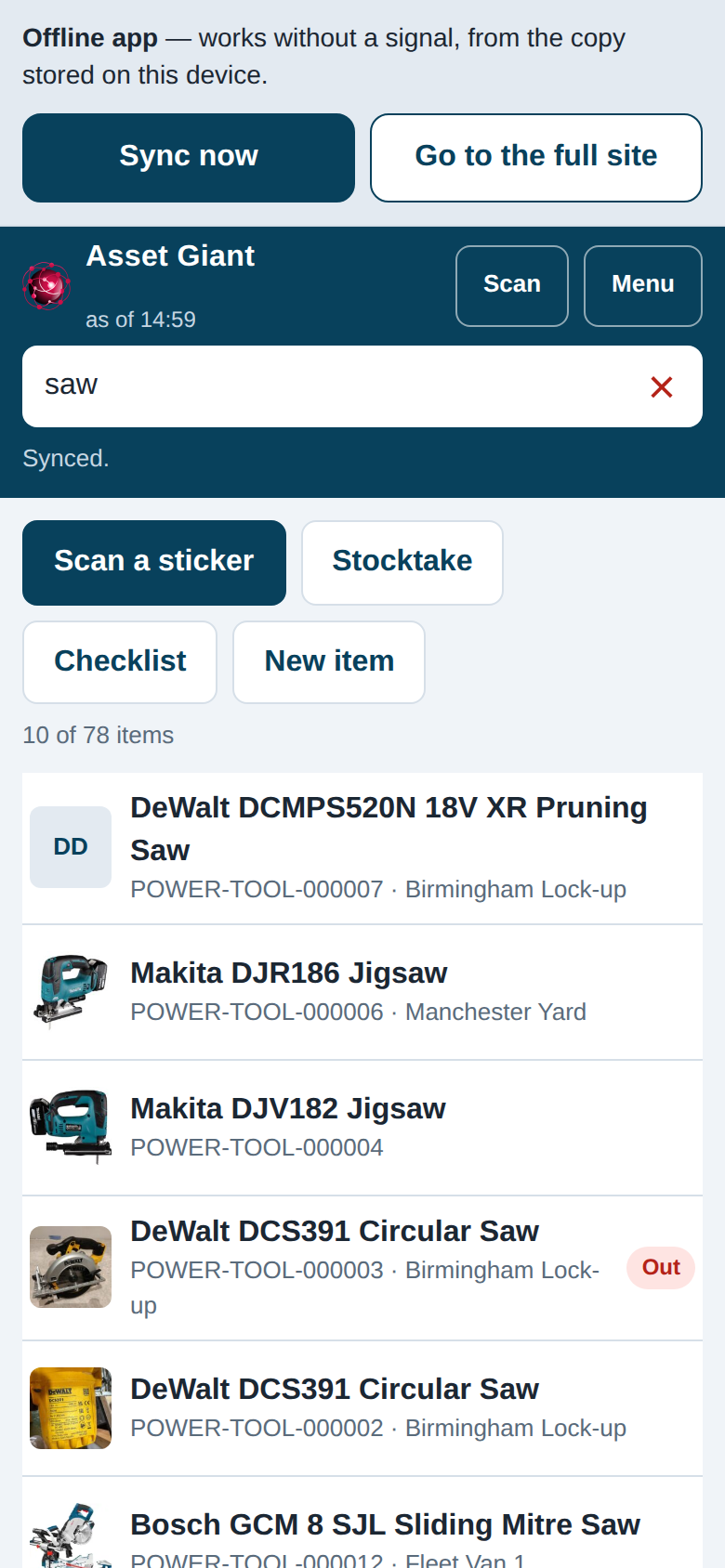 The on-site app on a phone: the time the copy was taken sits under the Asset Giant name, with Scan and Menu beside it and a search of the items stored on the device below