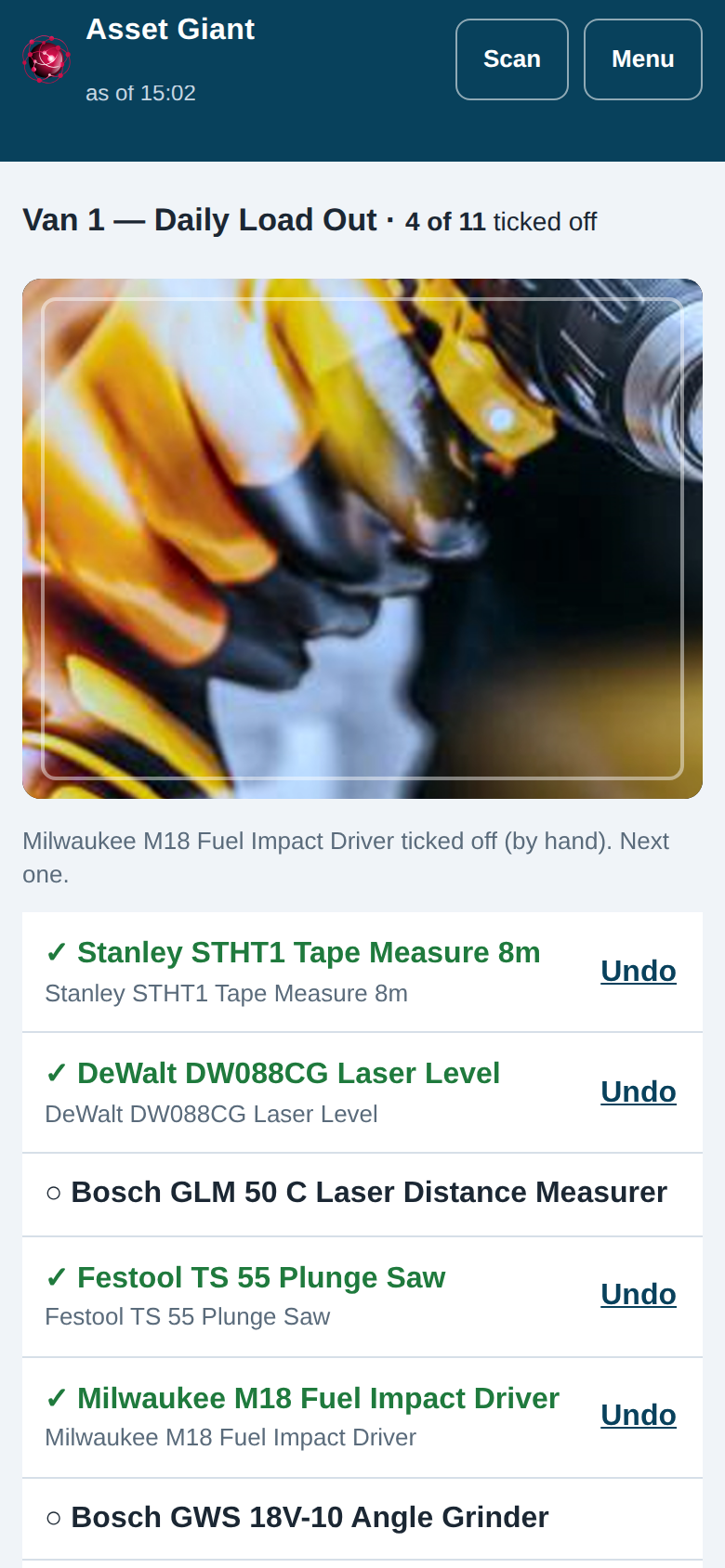 The checklist screen on a phone, the camera open on the next tool, the count reading 4 of 11 ticked off and every line found so far ticked in green
