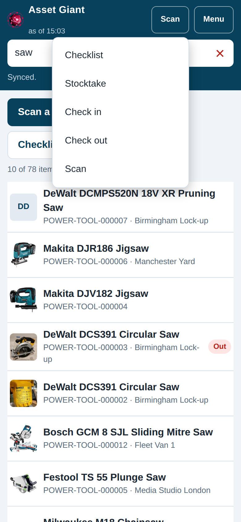 The Scan menu open on a phone, with Checklist, Stocktake, Check in, Check out and Scan