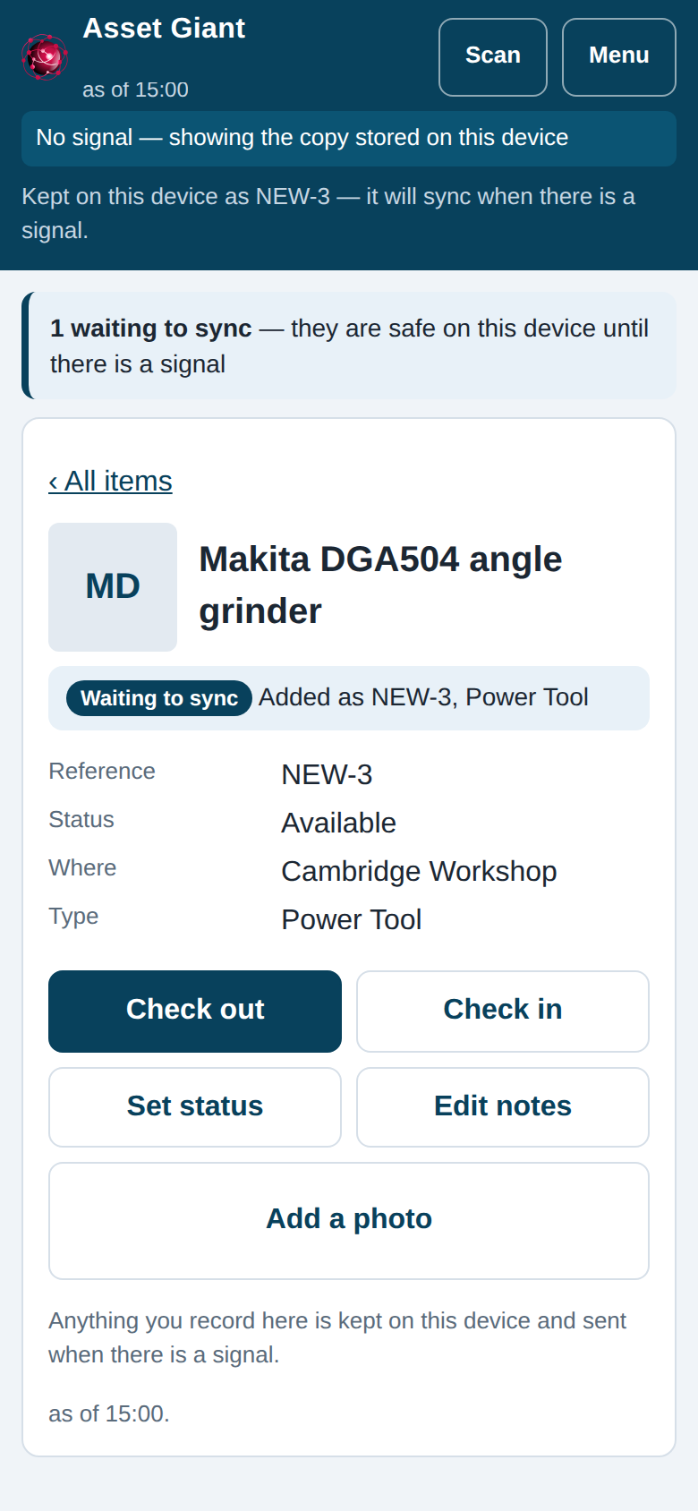 An item added on site with no signal, on a phone: waiting to sync, and the temporary reference NEW-3 standing in for the asset ID until it syncs