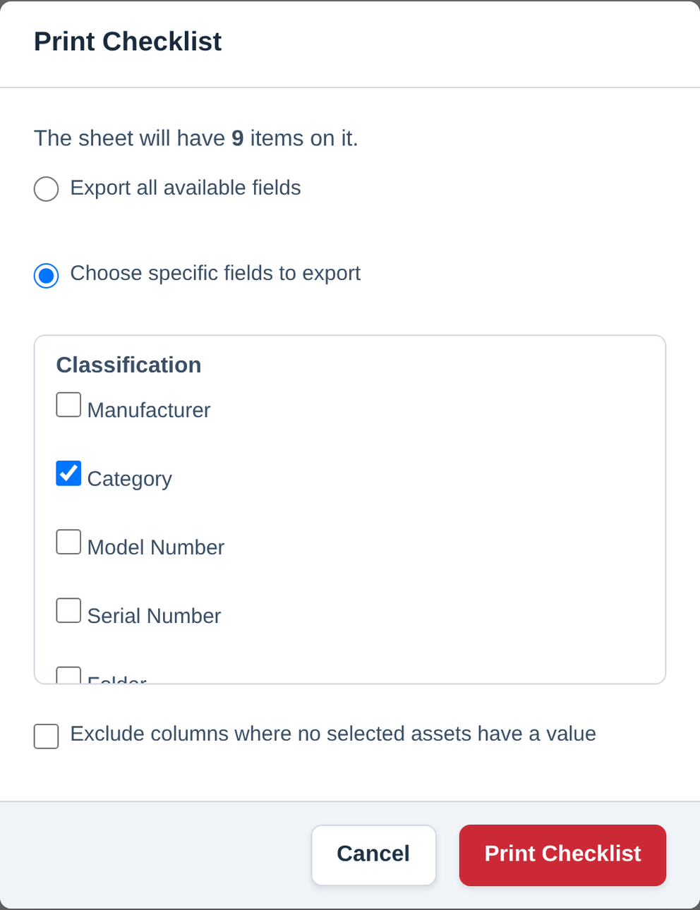 The Print Checklist panel open over a list, with Category ticked in the same field picker the exports use