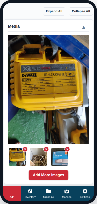 The Media card on a phone — add and manage photos right on site.