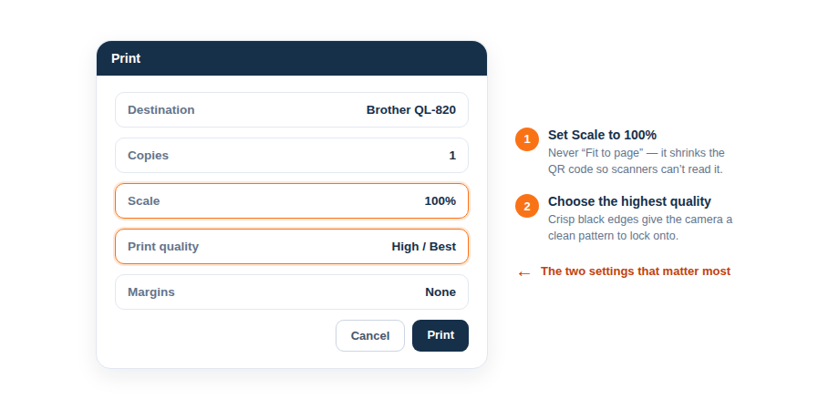 A screenshot of a typical printer dialog, with arrows pointing to the 'Scale' and 'Print Quality' settings.