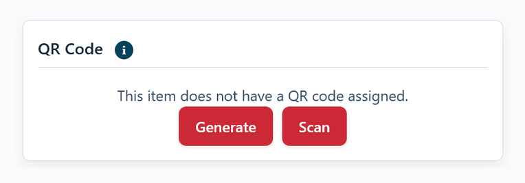 The QR Code card on an asset with no code yet, showing the Generate and Scan buttons.