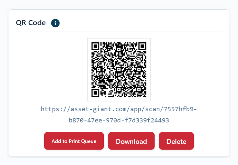 The QR Code card after generating, showing the code and the Add to Print Queue, Download and Delete buttons.