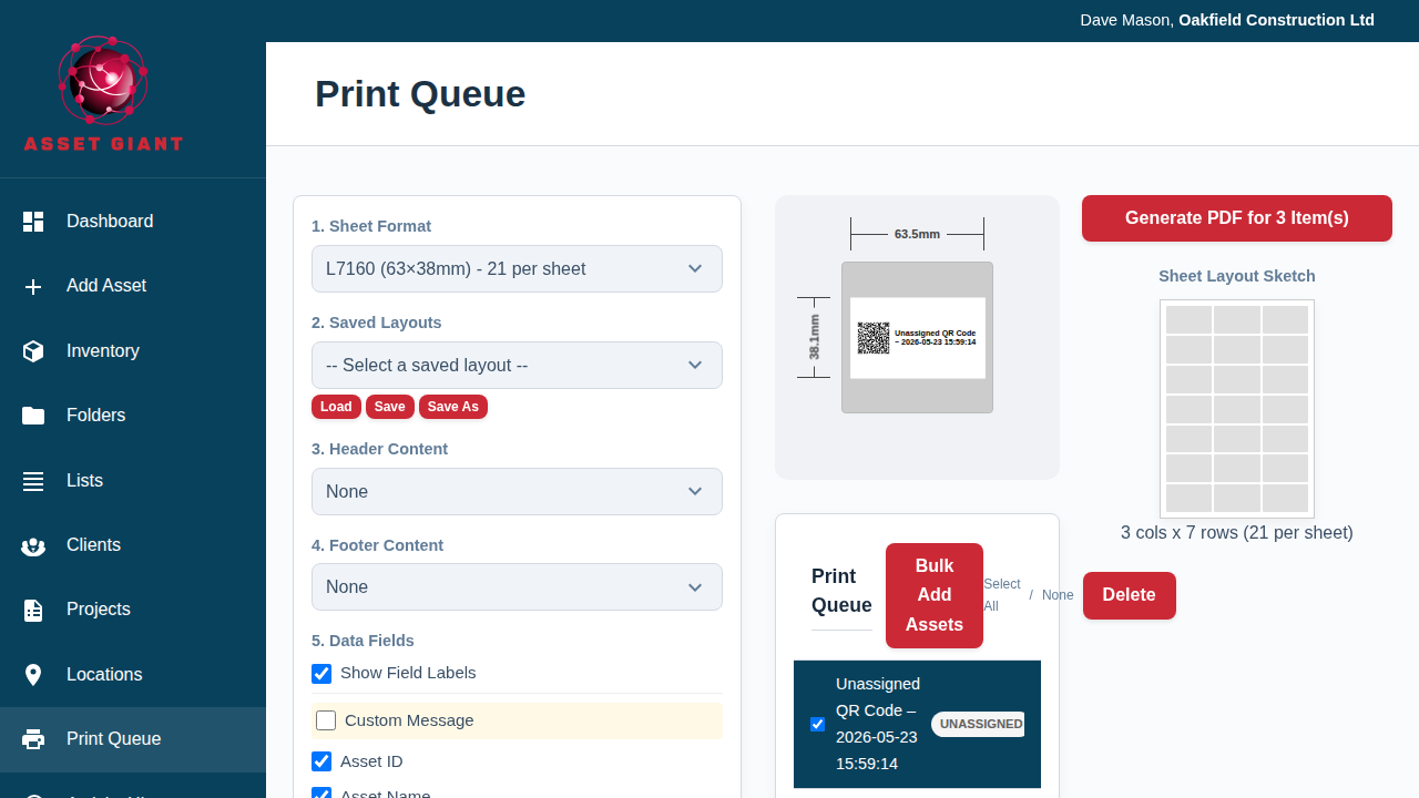 Screenshot of the Print Queue page, showing the control panel at the top and the list of items to be printed.