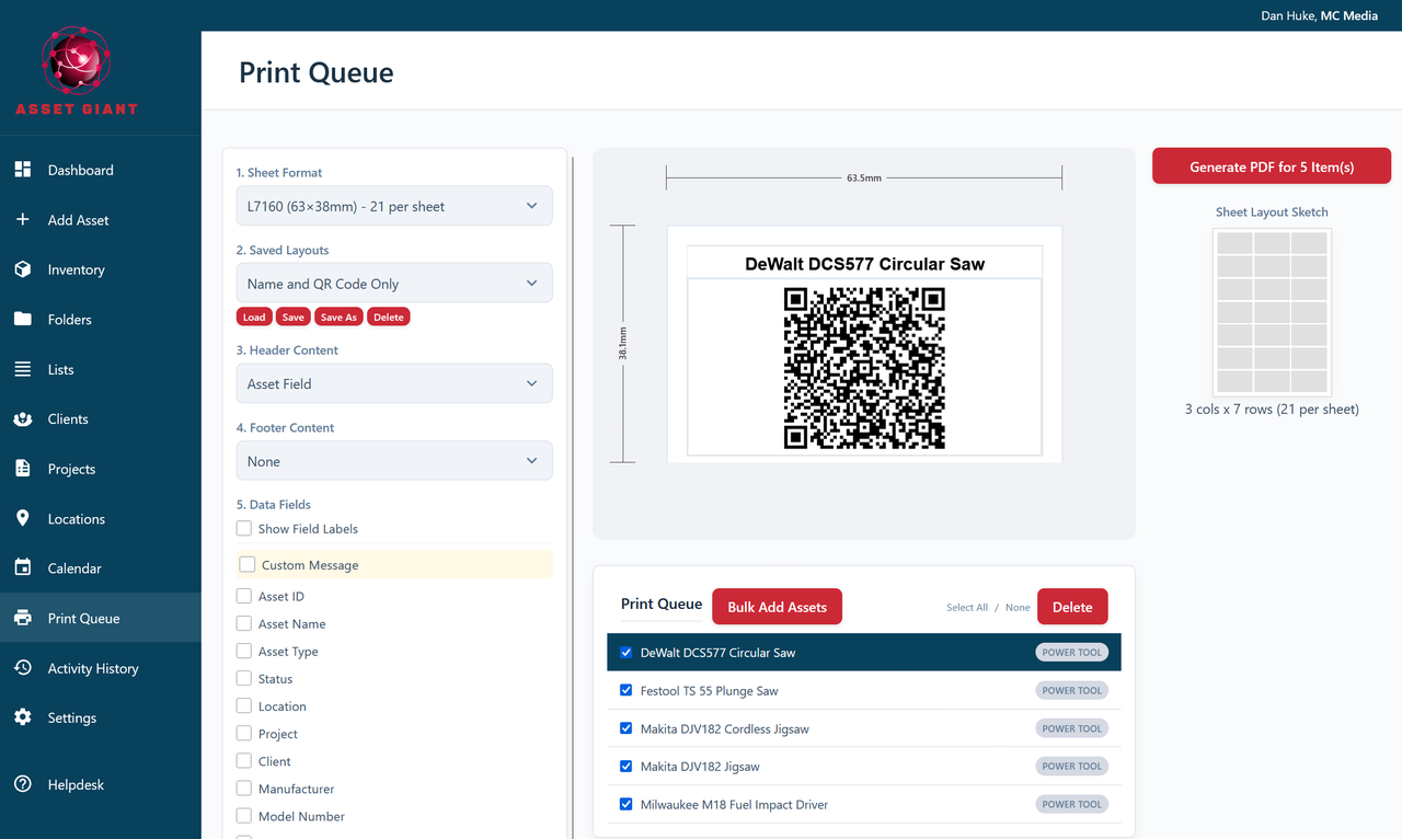 Screenshot of the Print Queue page, showing the control panel at the top and the list of items to be printed.