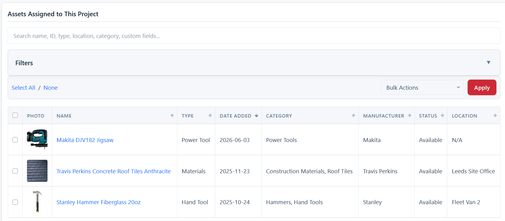 Screenshot of the 'Assets Assigned to This Project' card on the edit project page.