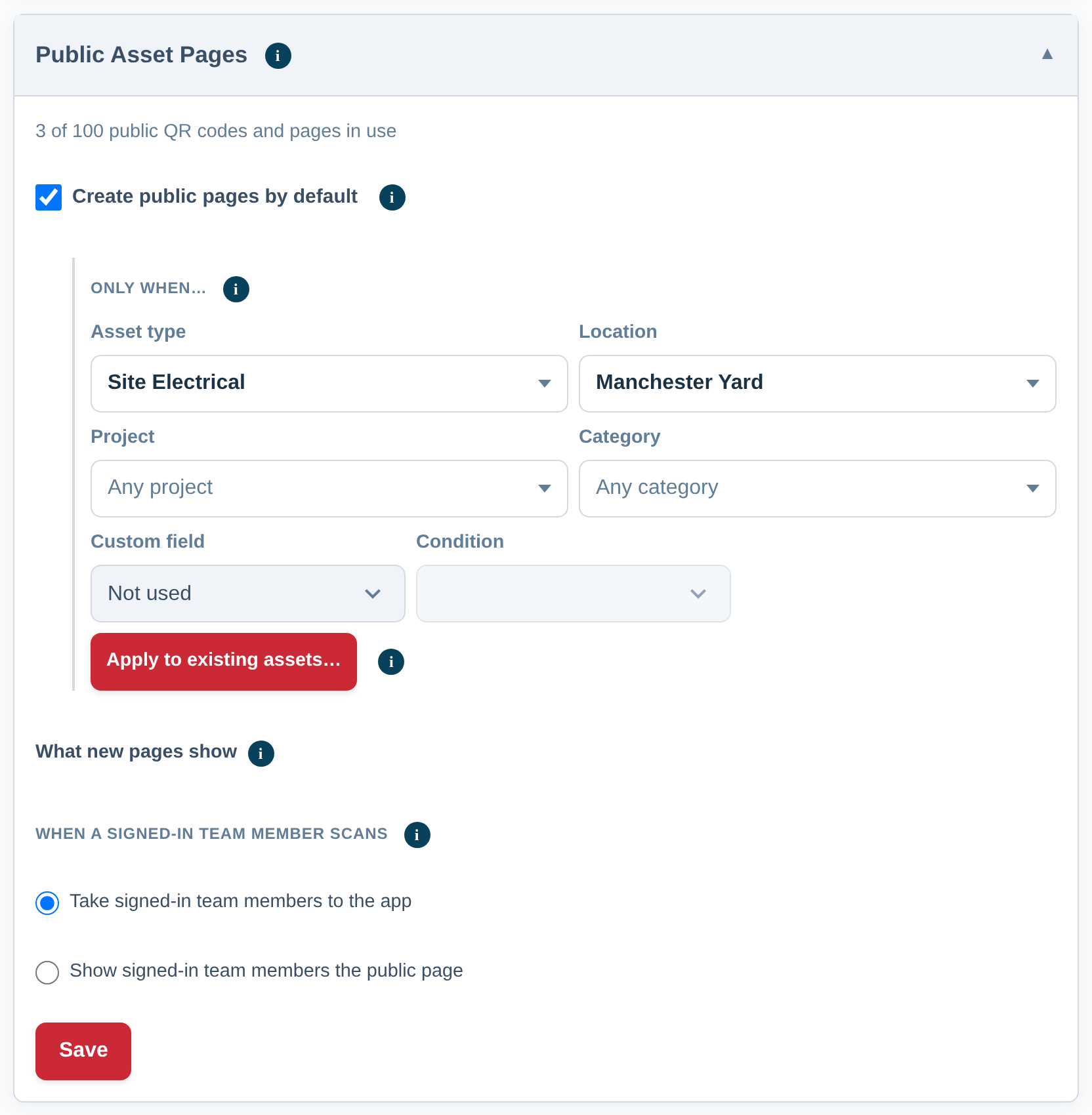 Screenshot of the Public Asset Pages card with "Create public pages by default" ticked and the asset type and location rules filled in.
