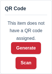 A screenshot of the QR Code card in both its 'before' and 'after' state, showing the 'Generate' button and then the generated QR code with its action buttons.
