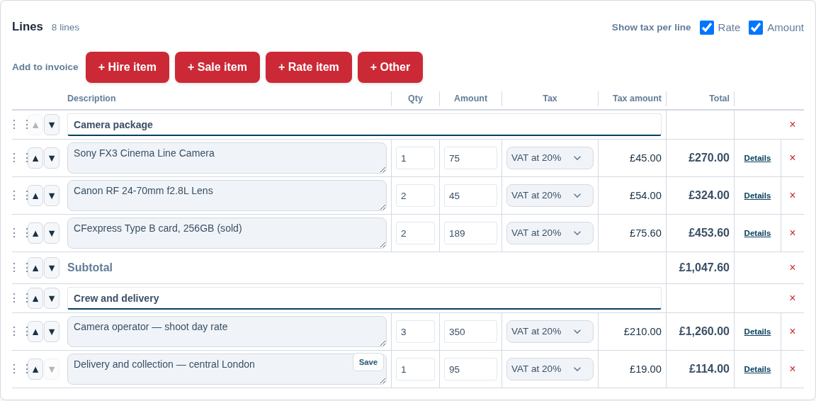 The Lines card on a film-hire invoice, showing section headings, hire, sale and labour lines, a subtotal and the Show tax per line controls
