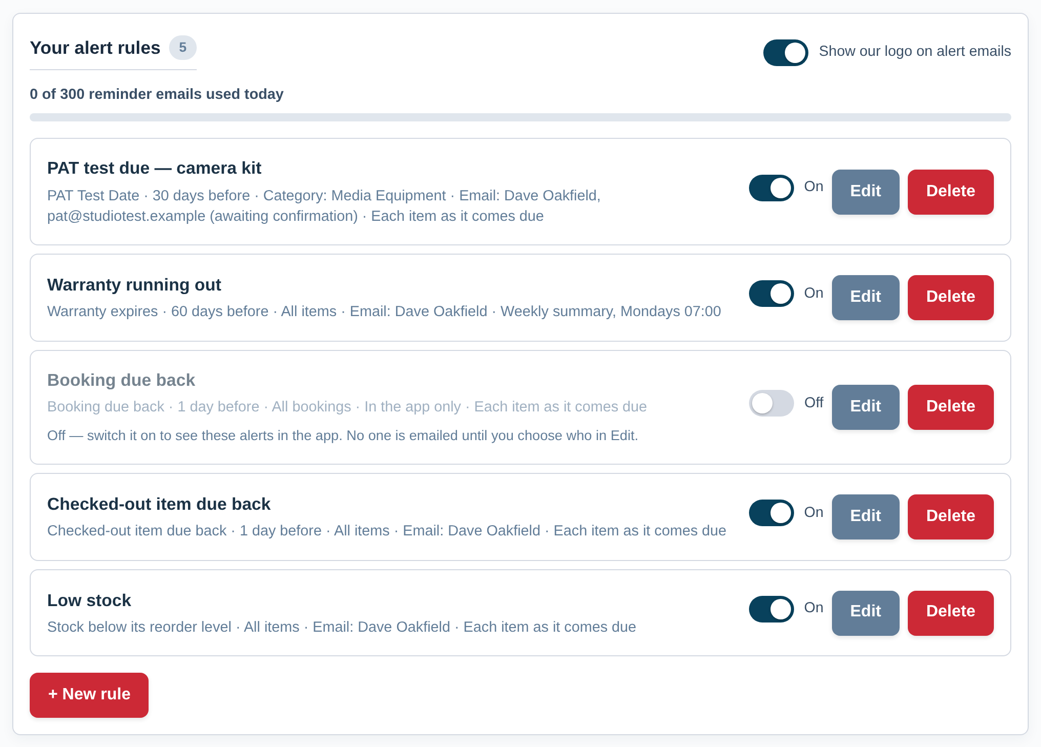 The Alerts tab in Settings, listing your reminder rules with their lead time, who is emailed and how, and the switch that puts your company logo on reminder emails.