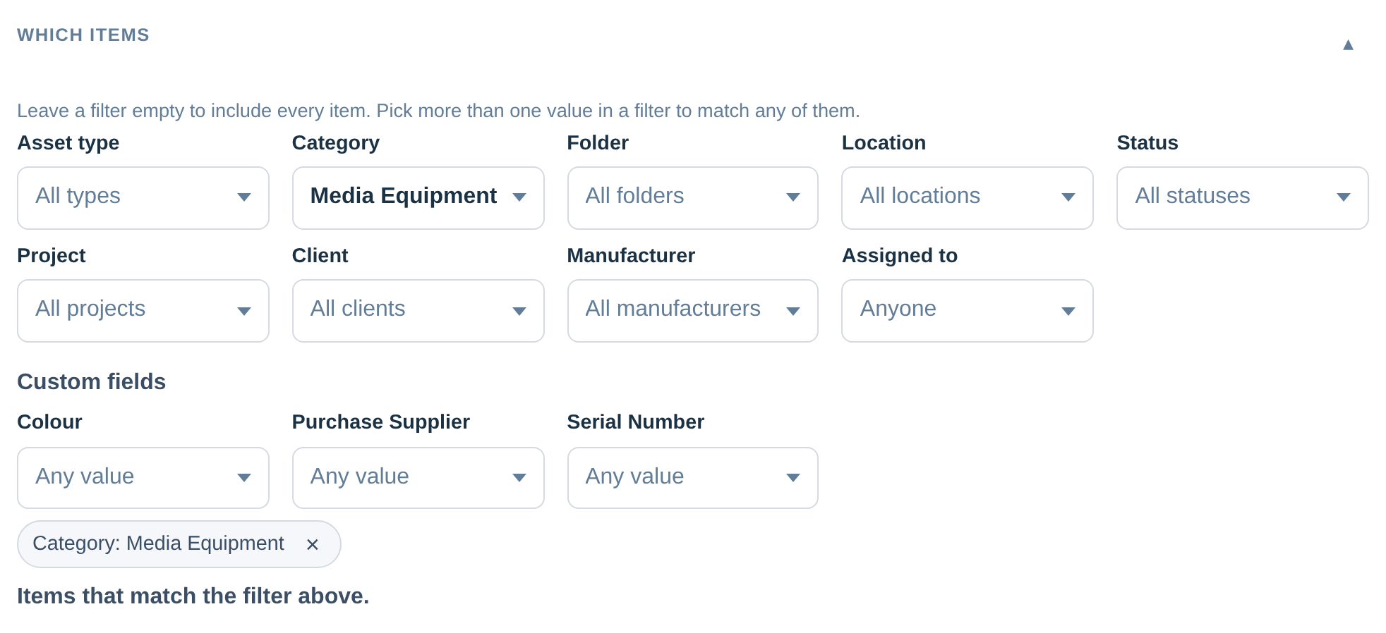 The "Which items" filters on the rule form, with the Media Equipment category chosen.