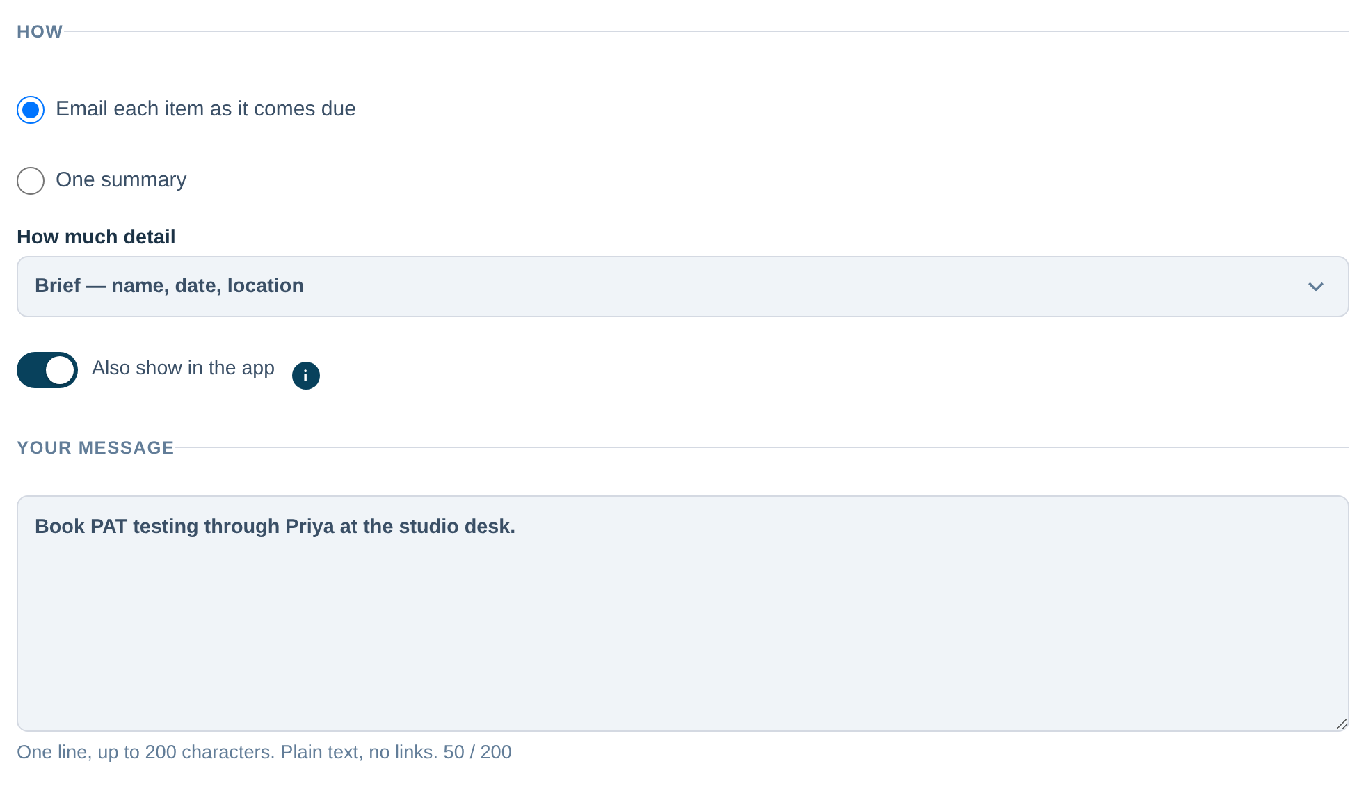 The "How" and "Your message" parts of the rule form: each item or a summary, the level of detail, the in-app switch and the one-line message.