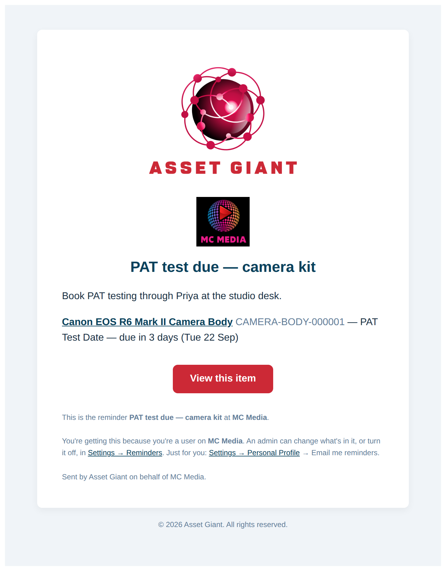 A reminder email for one camera body whose PAT test is due in three days, with the rule's message, the item line and the View this item button.