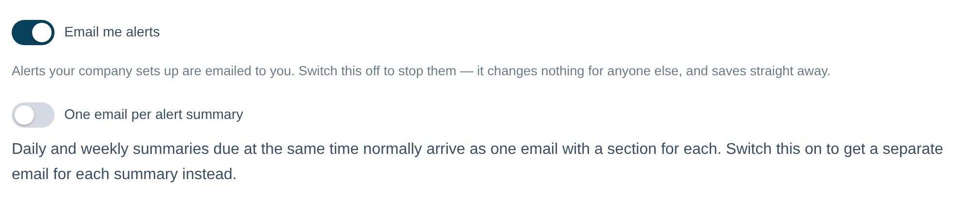 The two alert switches on the Personal Profile tab: Email me alerts, and One email per alert summary.