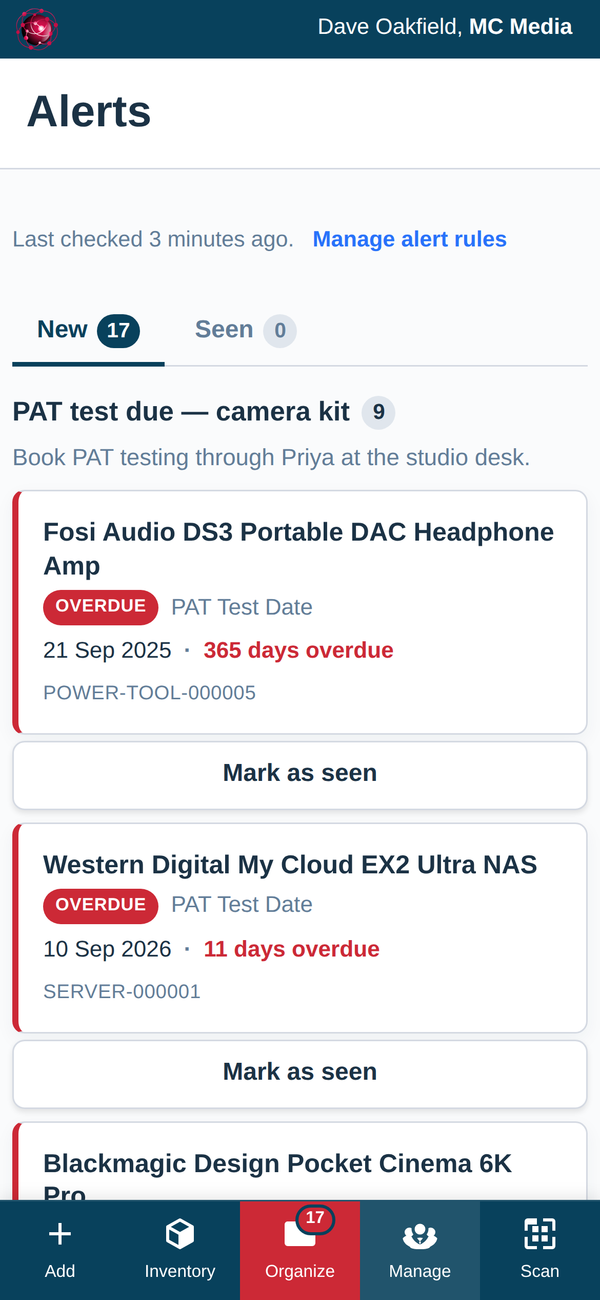 The Alerts page on a phone: the rule's name and message, then the overdue and due camera items with their dates and asset IDs.