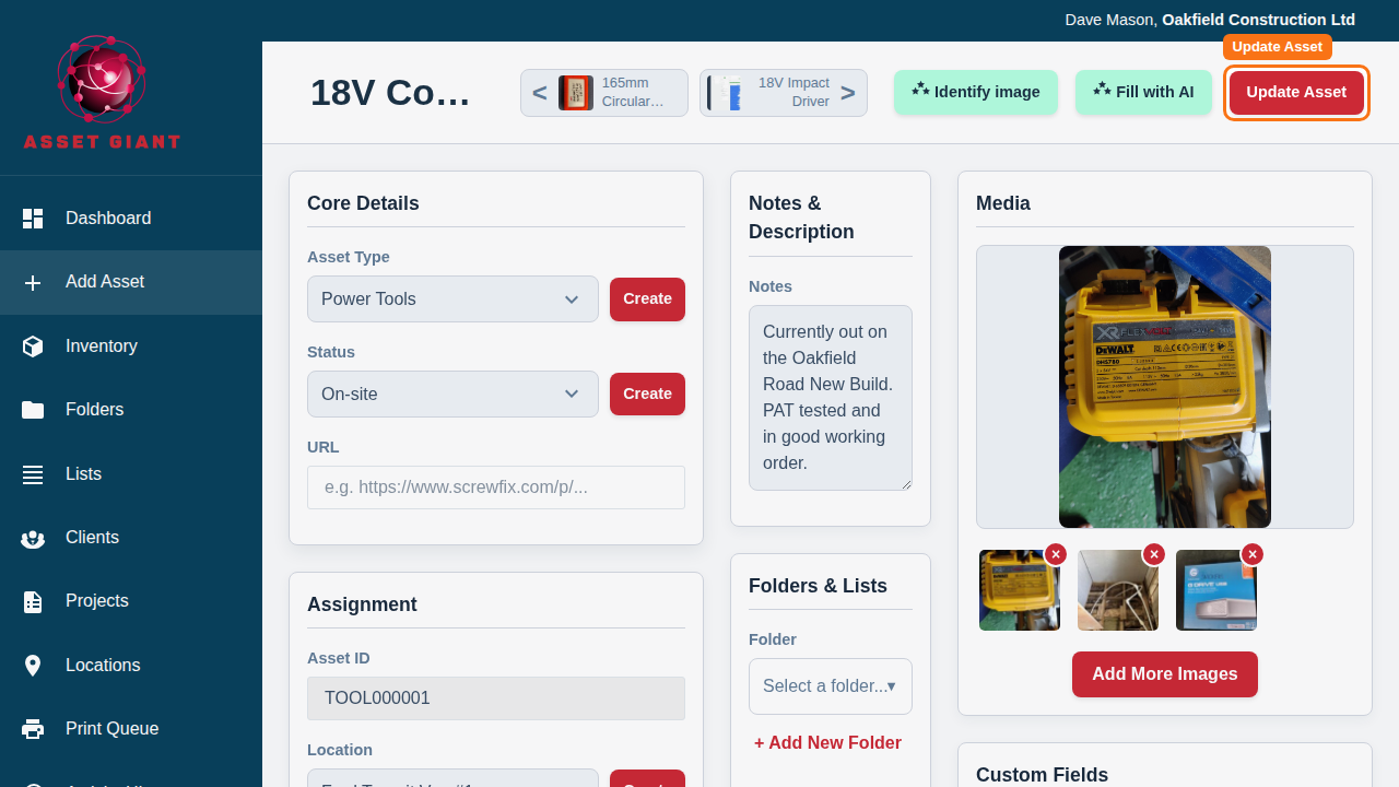 A screenshot showing the header Update Asset button.