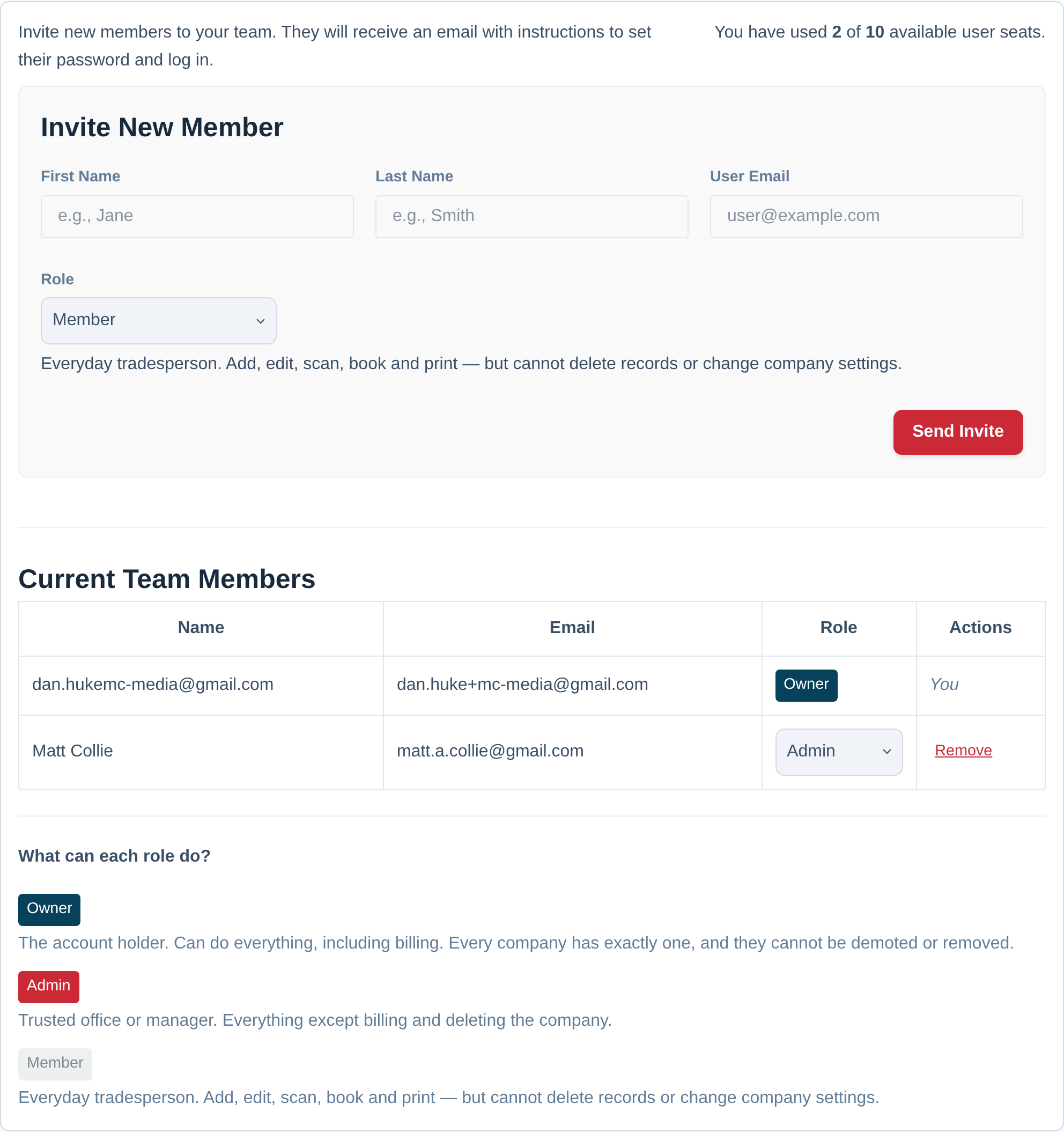 Screenshot of the Team Management settings page.