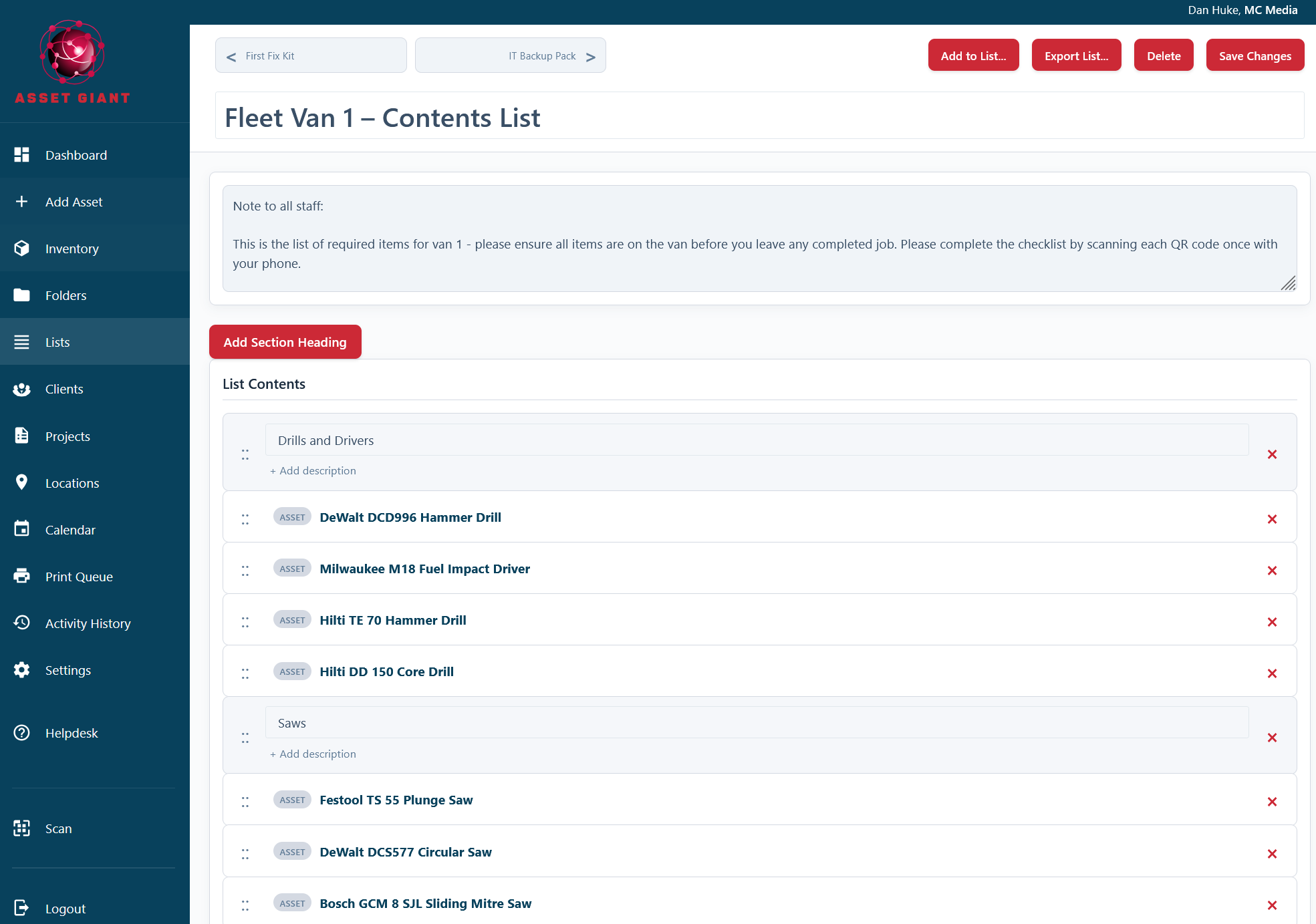 A screenshot of a list configured as a vehicle checklist, with multiple section headings.