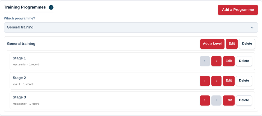 The Training Programmes card in Settings then Training, showing one programme chosen and its levels in order, least senior first, each with its own Edit and the arrows that move it up or down