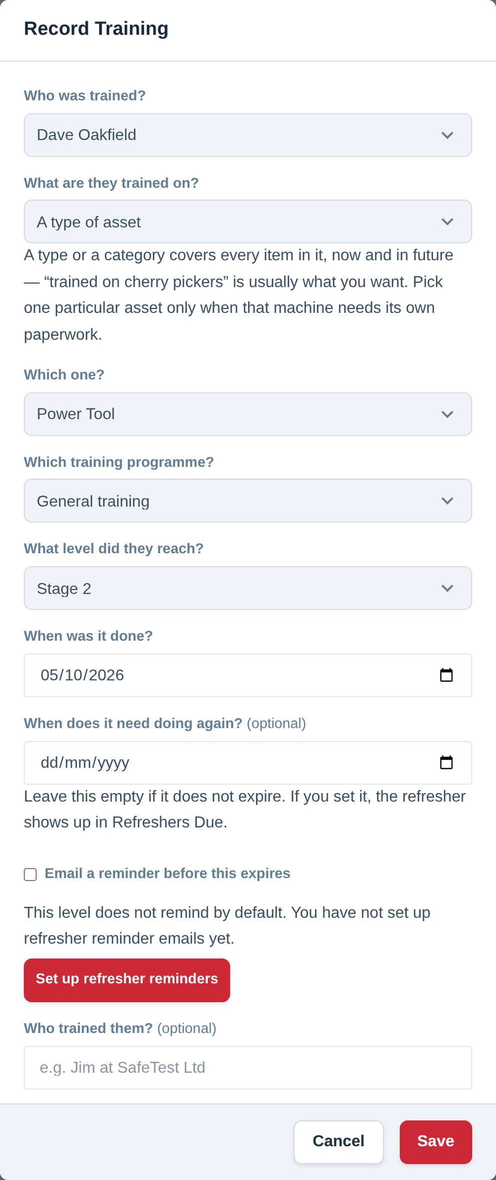 The Record Training sheet with a person chosen, a type of asset as the subject, and the programme and level pickers beneath it