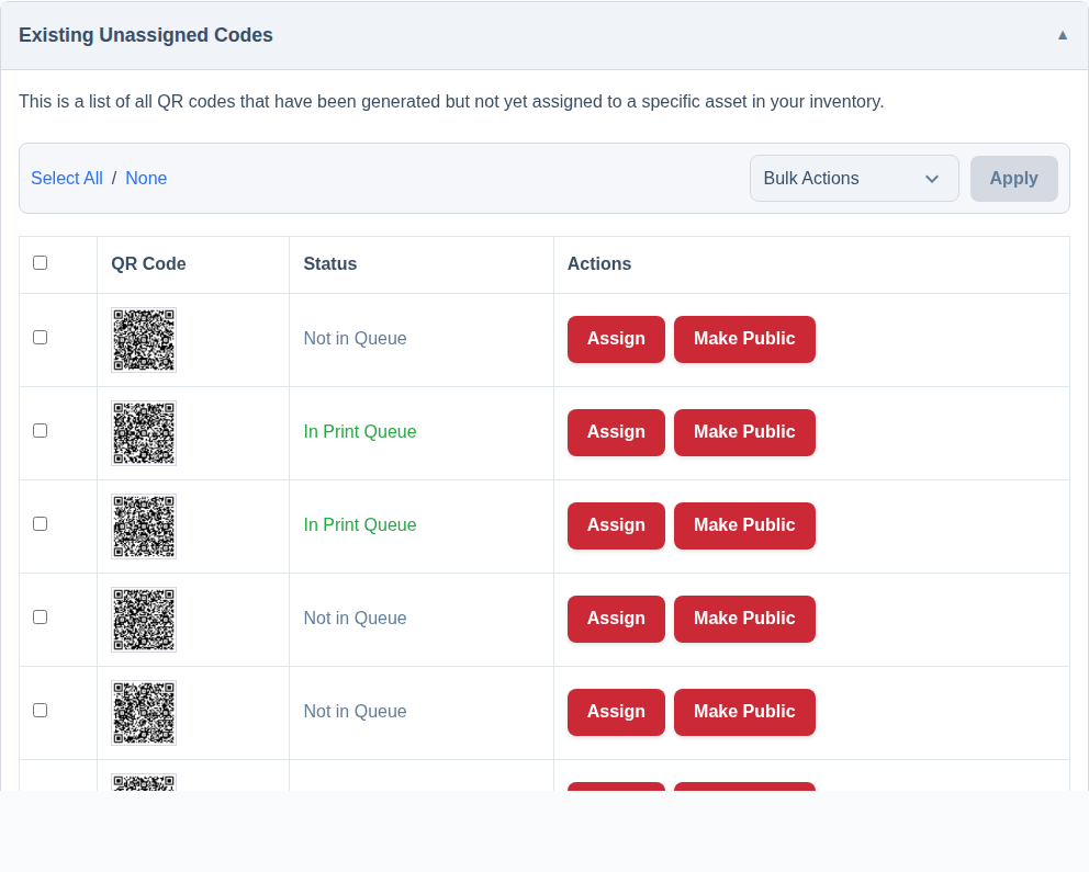 Your generated codes then appear in the Existing Unassigned Codes list, ready to assign or print.