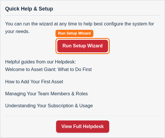 A screenshot of the dashboard with an arrow pointing to the "Run Setup Wizard" button.