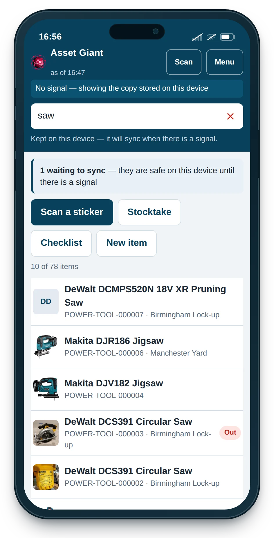 A phone with no signal showing the Asset Giant on-site app: a &ldquo;No signal &mdash; showing the copy stored on this device&rdquo; banner, one item waiting to sync, buttons for Scan a sticker, Stocktake, Checklist and New item, and a list of saws with their references and locations
