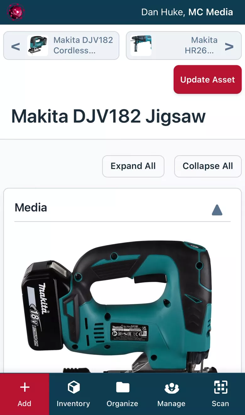 Asset record for a Makita jigsaw showing its photo, specifications and custom fields