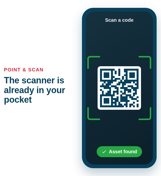 A phone scanning a QR code and confirming the asset was found