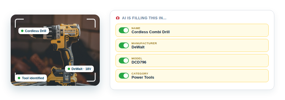 Illustration — a phone photographing a pile of tools, with the AI filling in each tool's name, make and model automatically.