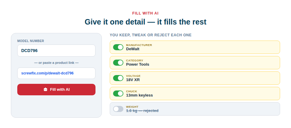 Illustration — the "Fill with AI" panel taking a model number and filling in the brand, category and specification, with accept and reject toggles on each suggestion.