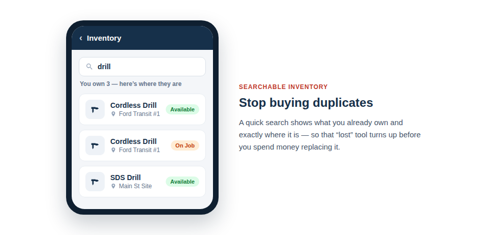 An animation showing a user on a phone searching for a 'drill' and seeing they already own three, with their locations listed.