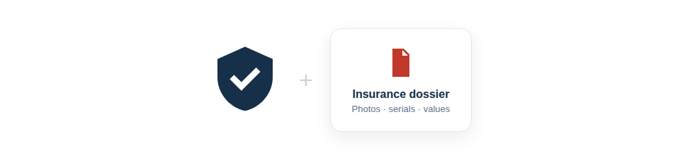 An animation of a shield icon overlaying a collection of tools, with a document icon nearby representing an insurance policy.