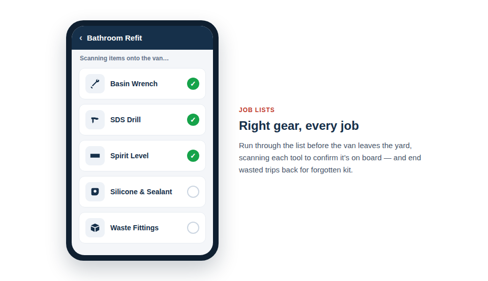 A smartphone screen showing a checklist for a specific job, with tools being checked off as they are scanned.