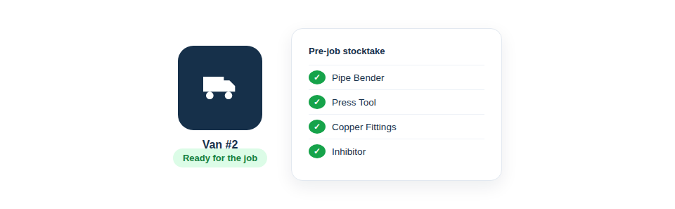 A stylized van icon with a checklist next to it, showing green checkmarks for tools.