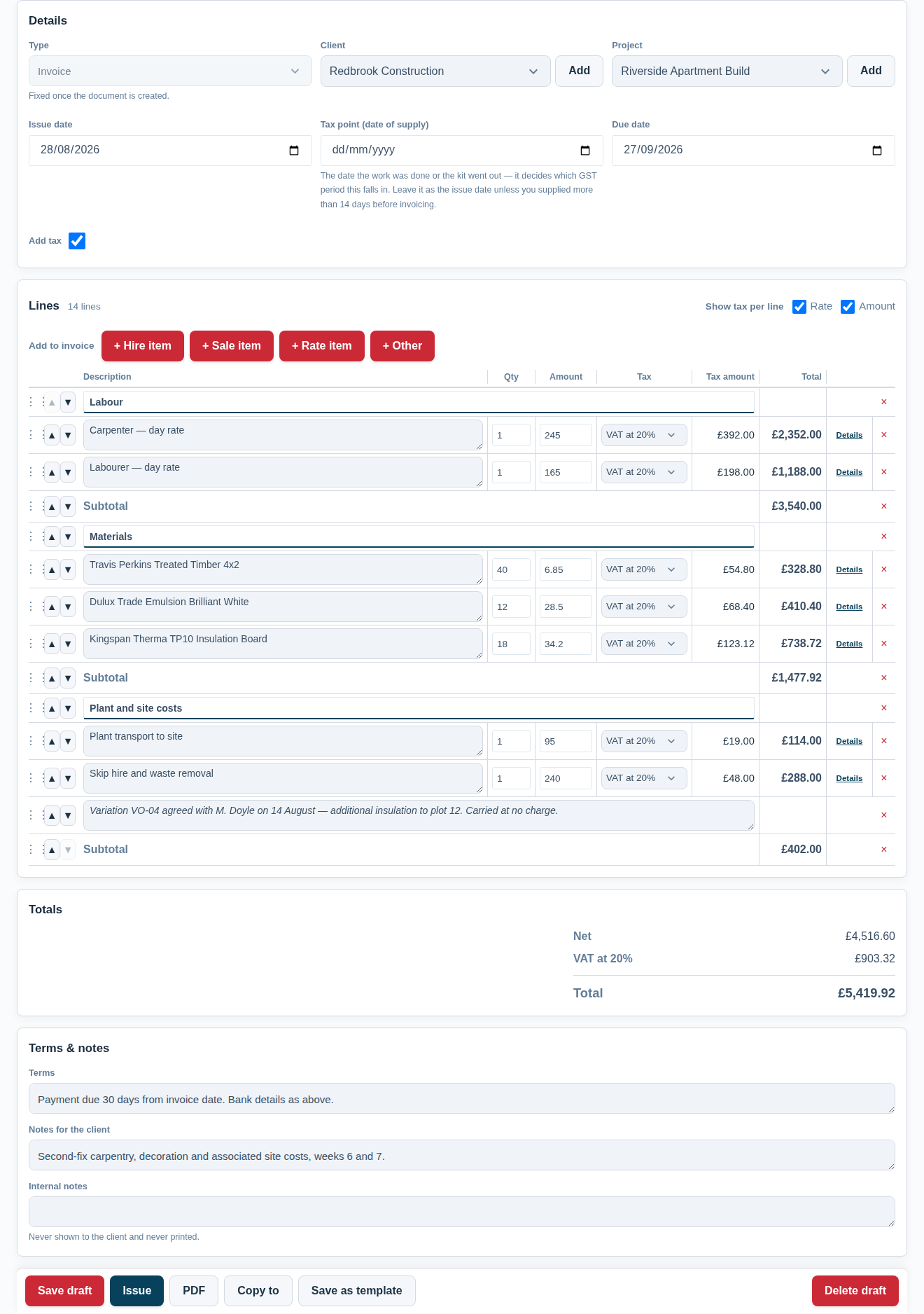Screenshot of the Asset Giant invoice editor on a desktop, showing a construction invoice for Redbrook Construction with Labour, Materials and Plant and site costs section headings, a subtotal under each, a description line recording an agreed variation, and the running totals panel below.