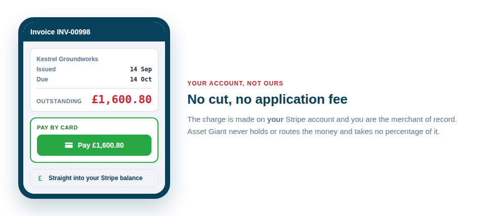 Illustration of a hire invoice opening on a phone as a share link, with a Pay now panel and the amount outstanding.