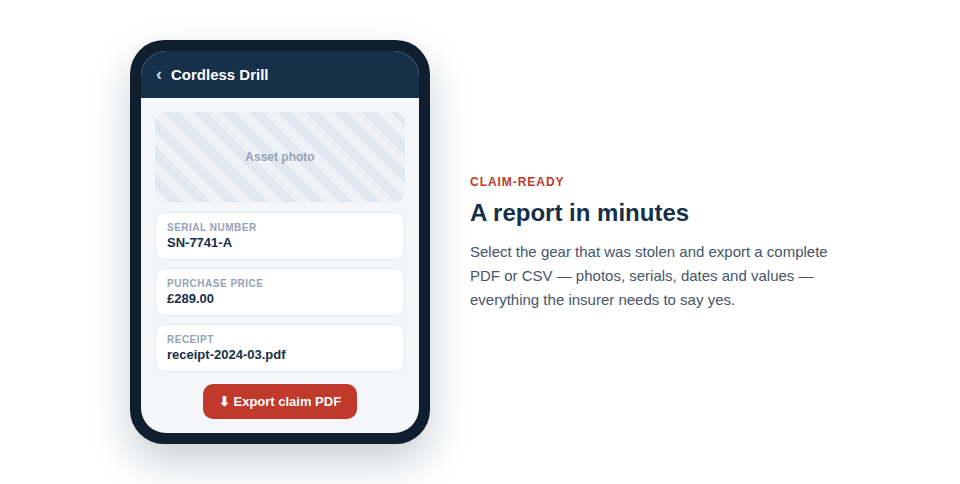 An animation of the Asset Giant app showing a tool's detail page with its photo, serial number, and purchase receipt. An 'Export' button is tapped, generating a PDF icon.
